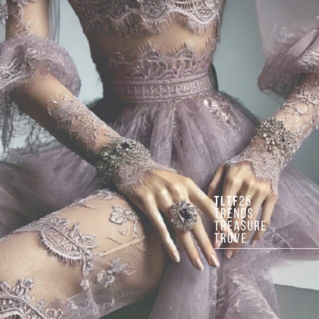 ✨ TREASURE TROVE ✨
S/S 2026

Step into a world of wonder, where heirlooms and vintage finds tell stories of romance and whimsy. 💎 Layers of draped lace, sumptuous plains, and rich jacquards evoke glamour with a touch of quirk.

🌸 Hand-painted prints, delicate corsages, feathers, and jewels complete the look — a dreamy ode to beaus and belles with a flair for the fantastical.

#SpringSummer2026 #TreasureTrove #RomanticStyle #VintageRevival #LaceAndLuxury #TextileInspo #FashionForecast #JacquardDreams #CorsageDetails #ss26trends